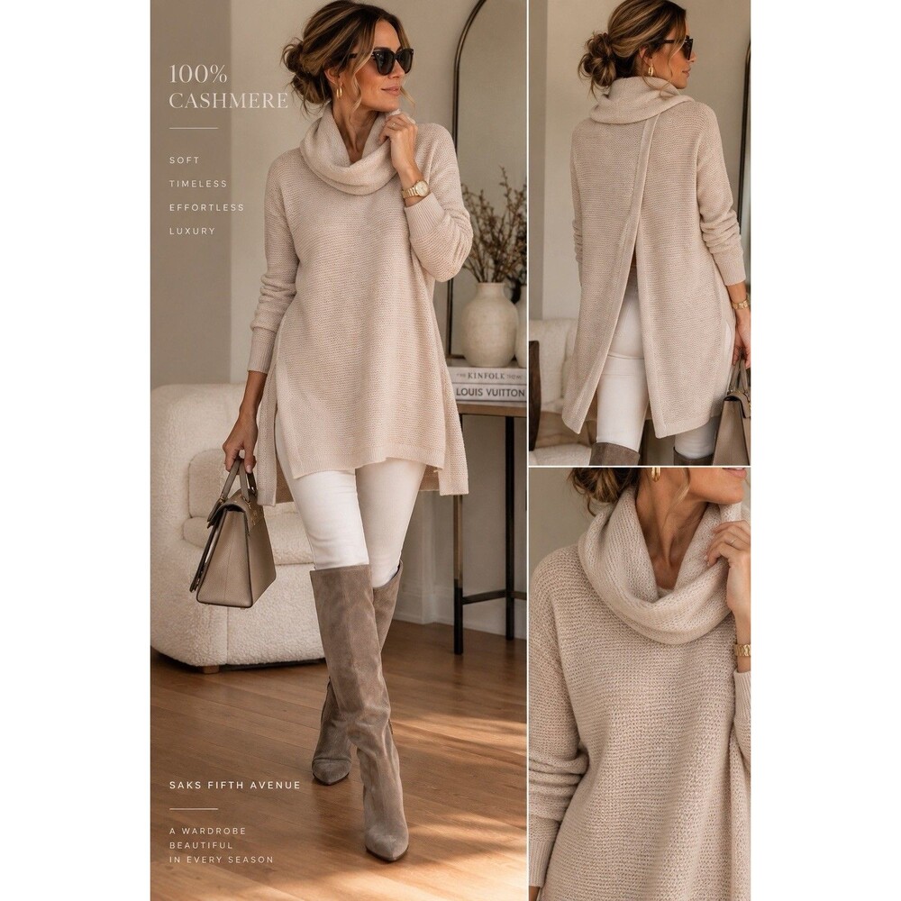 Saks Fifth Avenue Cashmere Long Tunic Sweater Cowl Neck Beige XS Quiet Luxury